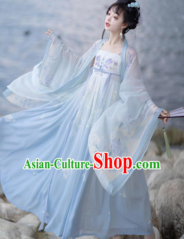 China Ancient Fairy Costumes Tang Dynasty Princess Clothing Traditional Blue Ruqun Hanfu Dress