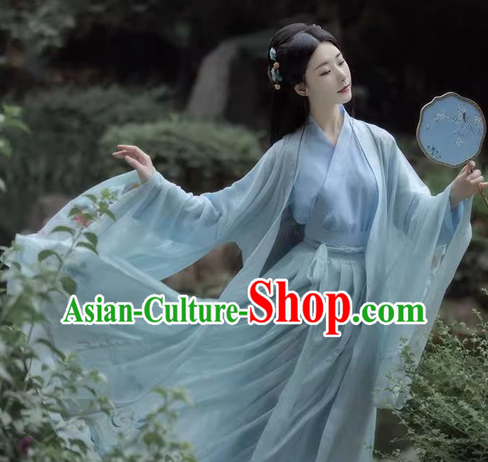 China Ancient Goddess Peri Costumes Ming Dynasty Swordswoman Clothing Traditional Blue Hanfu Dress