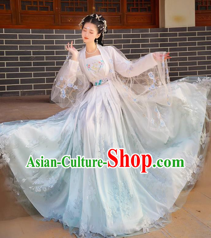 Chinese Ancient Fairy Costumes Song Dynasty Princess Clothing Traditional Embroidered Blue Hanfu Dresses