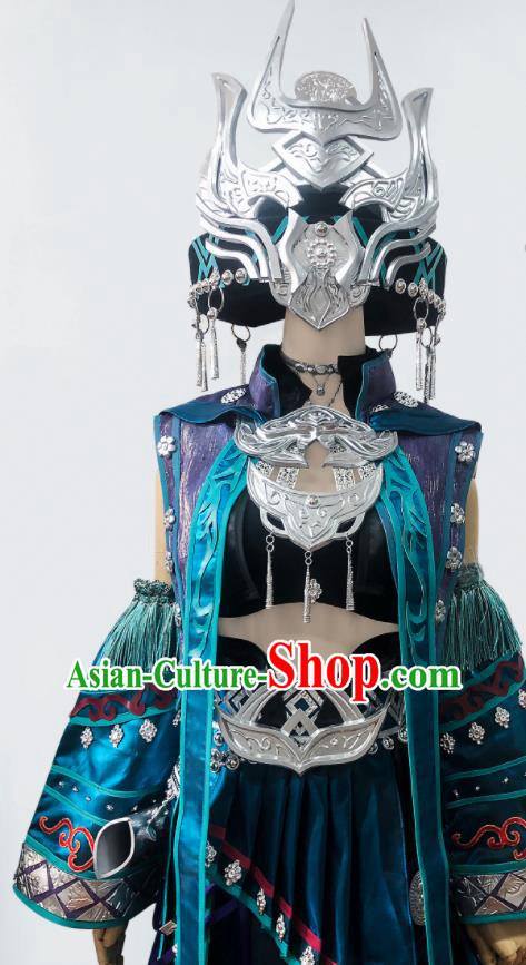 Top Jian Xia Qing Yuan Young Lady Clothing Ancient Ethnic Princess Costume Cosplay Sorceress Dress and Headdress