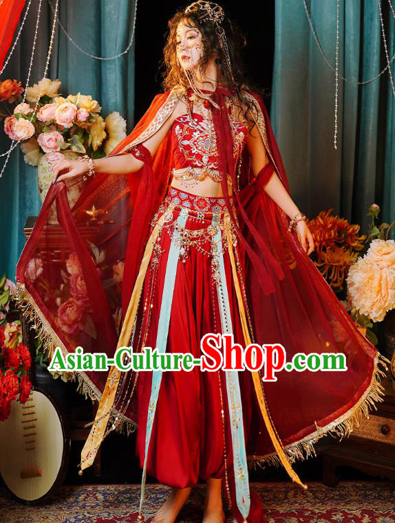 Ancient Ethnic Xi Yu Princess Clothing China Dunhuang Flying Apsaras Red Outfit Dance Lady Costumes