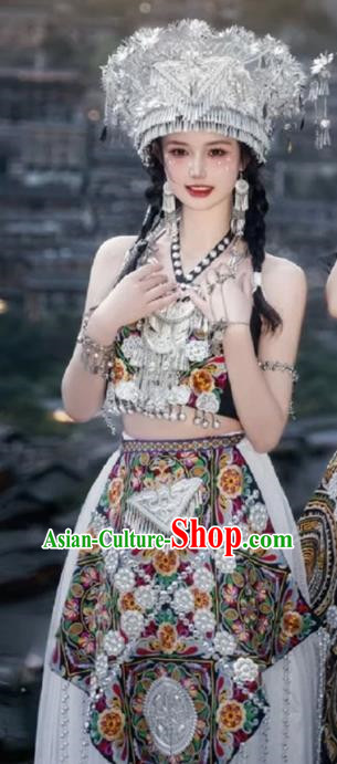 Miaojiang Girl National Costume White Gauze Long Skirt Suit Miaojia Girl