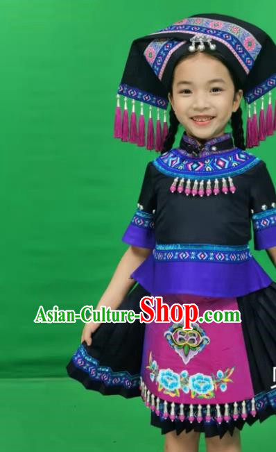 Zhuang Costume Minority Children Women Short Skirt Black Cute Stage Performance