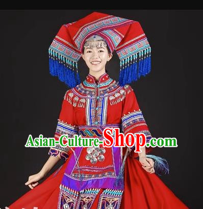 Zhuang Costume Red Ethnic Minority Stage Costume Costume Folk Song Dress Suit