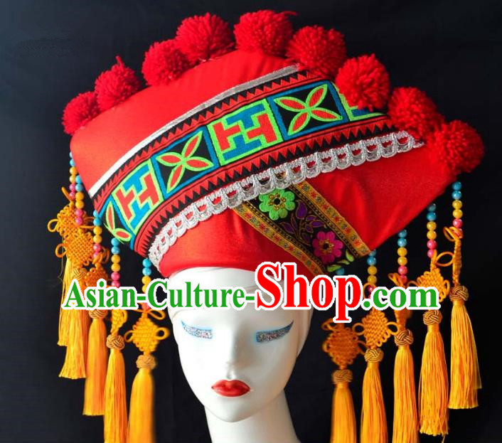 Guangxi Women Adult Minority Performance Hat Zhuang Nationality Folk Song Advanced Embroidery Handmade Headwear