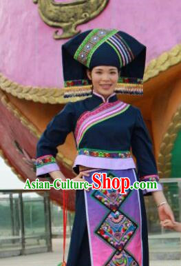 Zhuang Nationality Performance Costume Stage Costume Long Skirt Suit Dark Blue