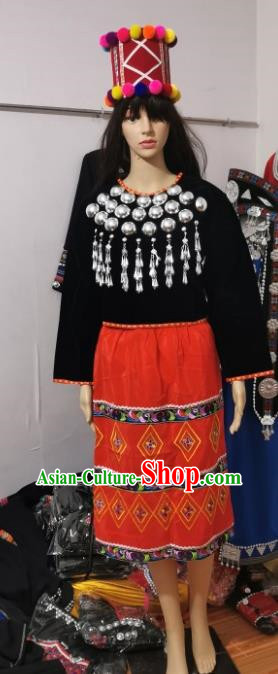 China Ethnic Jingpo Minority Performance Costumes National Style Dance Costumes Women Clothing Dance Performance Costumes Stage Costumes