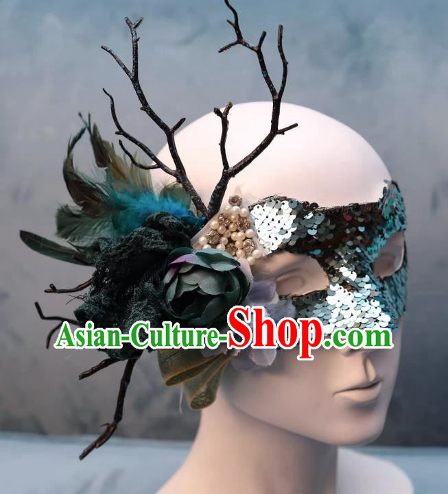 Venetian Green Flower Mask Feather Masked Singer Halloween Carnival Ball Party Mask