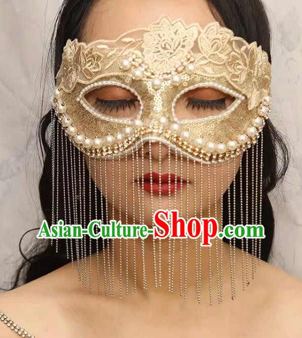 European And American Champagne Lace Retro Elegant Mysterious Mask Tassel Covering Masquerade Halloween Carnival Party