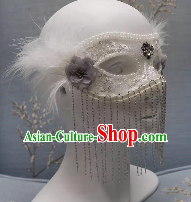 European And American White Lace Retro Elegant Mysterious Mask Tassel Covering Masquerade Halloween Carnival Party