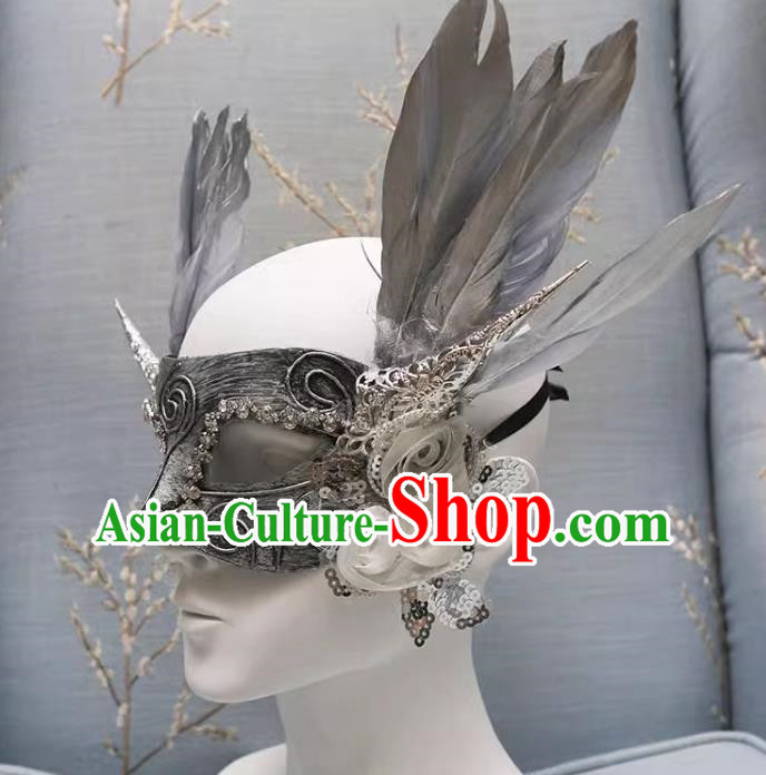 Exaggerated Venetian Silver Flower Mask Feather Masked Singer Halloween Carnival Masquerade Party