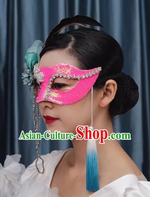 Rose Red Sequin Beaded Flower Mask Retro Elegant Masquerade Halloween Annual Meeting Party