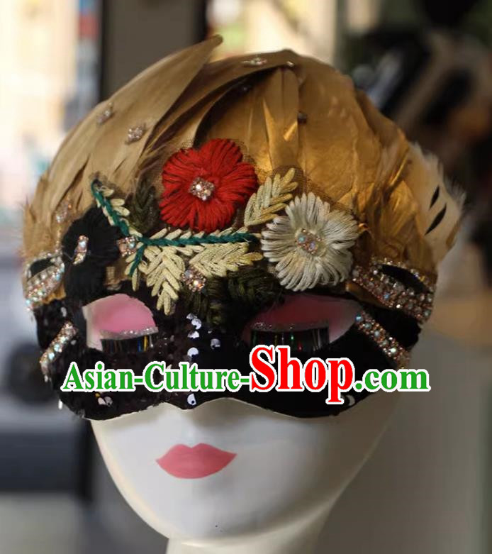 Chinese Style Embroidery Golden Feather Mask Masquerade Singing Halloween Face Makeup
