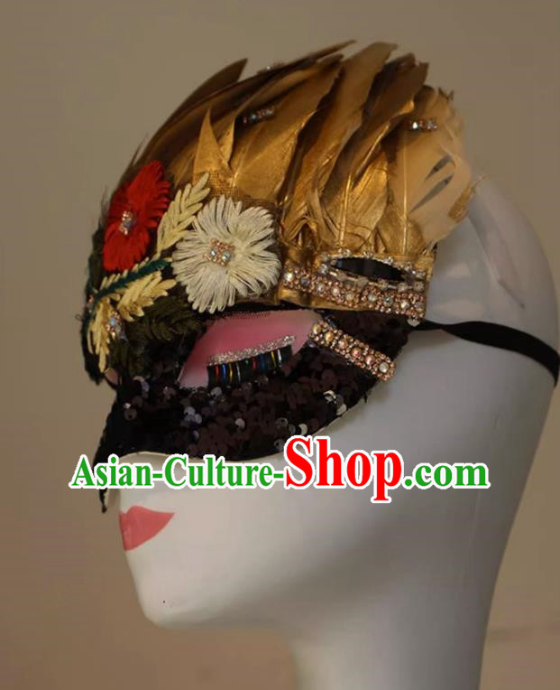 Chinese Style Embroidery Golden Feather Mask Masquerade Singing Halloween Face Makeup