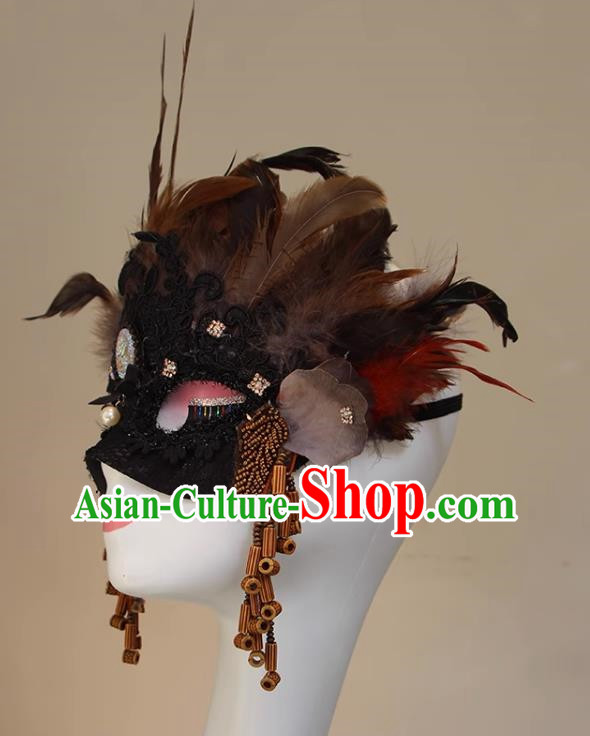 Ethnic Style Feather Brown Mask Performance Halloween Fashion Party Mysterious Half Face Accessories COS