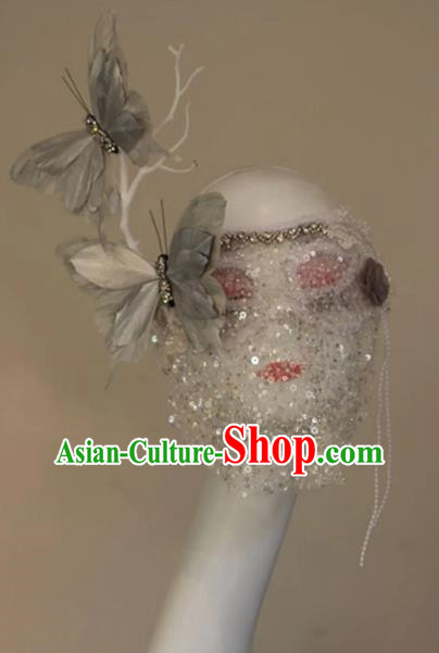 Silver Three Dimensional Feather Butterfly Metal Plating Texture Draped Veil Mask COS Performance Accessories