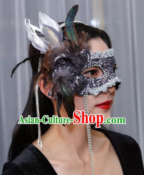 Venetian Gray Flower Mask Feather Masked Singer Halloween Carnival Party Mask