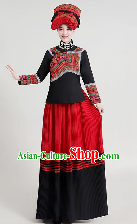Yunnan Yi Ethnic Minority Traditional Women Dress Long Skirt Embroidery Daily Life Torch Festival Performance Costumes