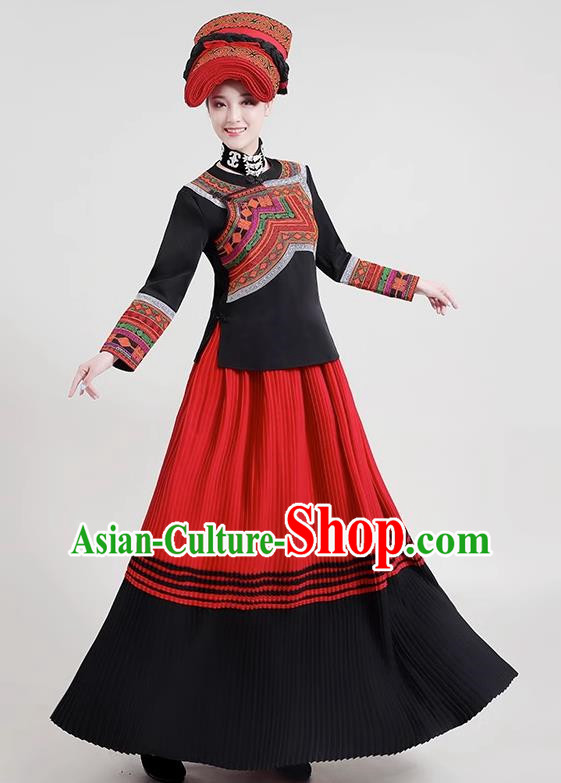 Yunnan Yi Ethnic Minority Traditional Women Dress Long Skirt Embroidery Daily Life Torch Festival Performance Costumes