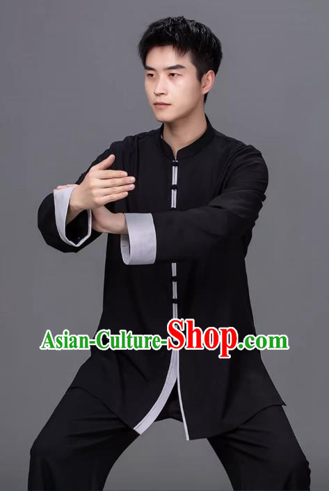 Tai Chi Clothing Pure Color Cotton Linen Practice Clothing Long Sleeved Performance Competition Suit Chinese Style Male