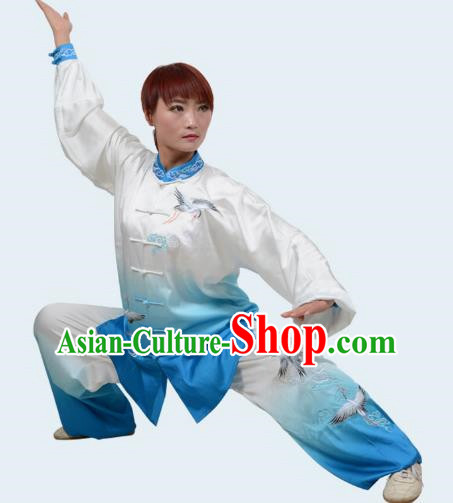 Blue Tai Chi Clothes Cloud Crane Gradient Transition Color Three Piece Suit Drape Embroidered Exercise Clothes Men And Women Performance Clothes