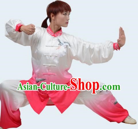 Rose Red Tai Chi Clothes Cloud Crane Gradient Transition Color Three Piece Suit Drape Embroidery Practice Clothes For Men And Women Performance Clothes
