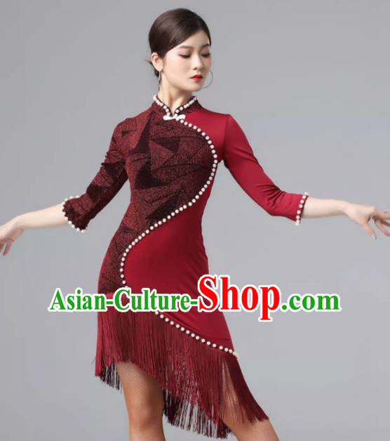 Latin Dance Skirt Practice Clothes Female Adult Performance Competition High End Cheongsam Collar Pearl Tassel Sexy Slim Dress