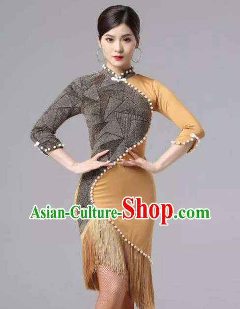 Latin Dance Skirt Practice Clothes Female Adult Performance Competition High End Cheongsam Collar Pearl Tassel Sexy Slim Dress