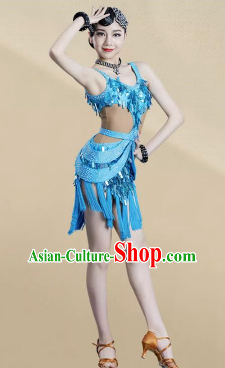 Latin Dance Competition Clothing Children Professional Sequined Tassel Skirt Children Performance Clothing Chacha Rumba