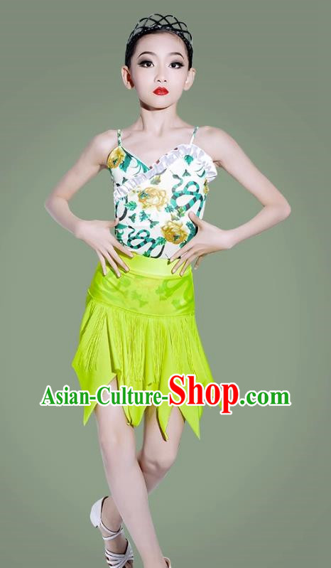 Latin Dance Practice Clothing Girls Summer Suspenders Split Skirt Training Clothing Children Tassel Printing Performance Clothing