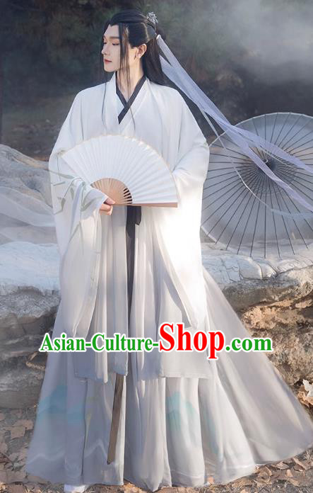 Chinese Ancient Swordsman White Clothing Jin Dynasty Male Garment Costumes Traditional Young Hero Hanfu