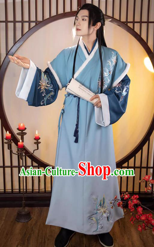 Chinese Ancient Young Childe Clothing Song Dynasty Swordsman Garment Costumes Traditional Winter Blue Hanfu