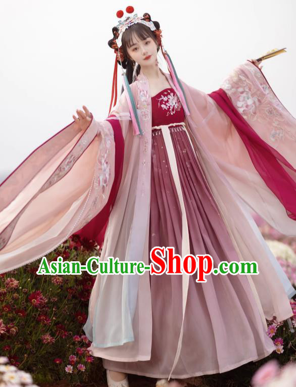 Chinese Tang Dynasty Royal Princess Garment Costumes Traditional Woman Red Hanfu Dress Ancient Flower Goddess Clothing