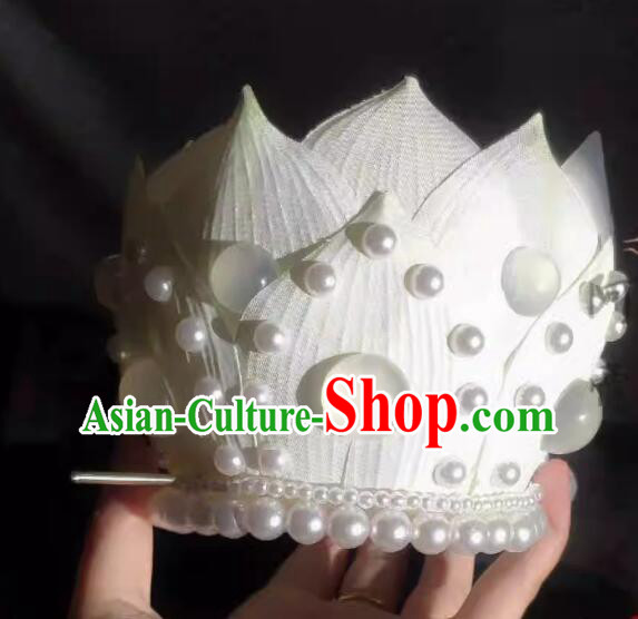 Chinese Hanfu Hair Jewelries Ancient Goddess White Lotus Crown Handmade Song Dynasty Court Empress Headdress