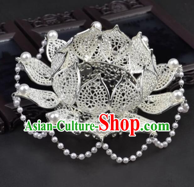 Chinese Hanfu Jewelries Ancient Empress Argent Lotus Crown Handmade Song Dynasty Headdress
