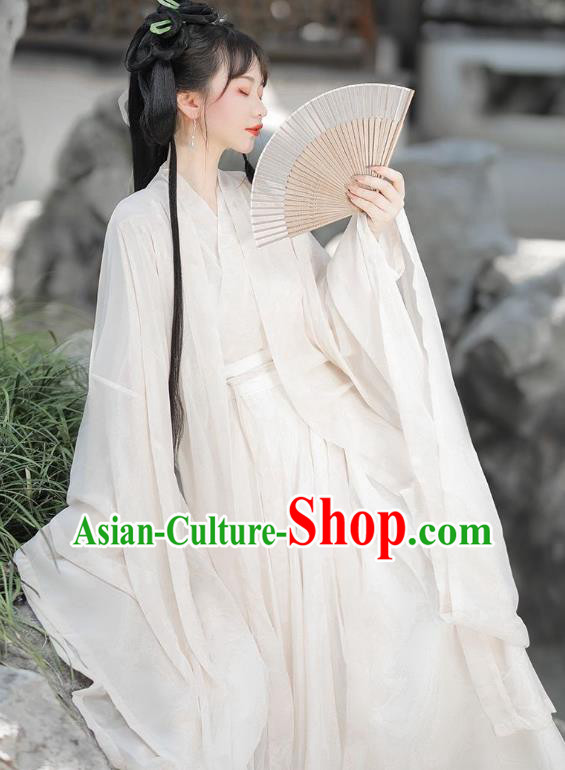China Ancient Goddess Clothing Traditional Young Lady White Hanfu Dress Jin Dynasty Swordswoman Garment Costumes