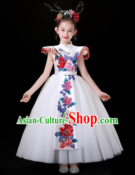 Top Children Modern Fancywork Clothing Girl Compere Full Dress Chinese Embroidered Costume
