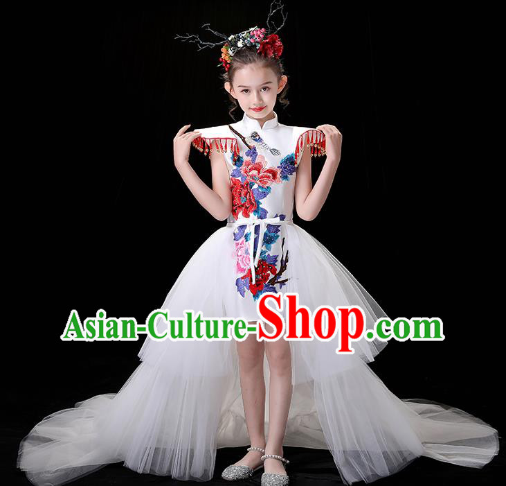 Chinese Embroidered Qipao Costume Top Children Modern Fancywork Clothing Girl Compere Full Dress