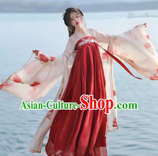 China Ancient Princess Red Dress Tang Dynasty Young Lady Clothing Traditional Woman Costumes Flower Fairy Hanfu