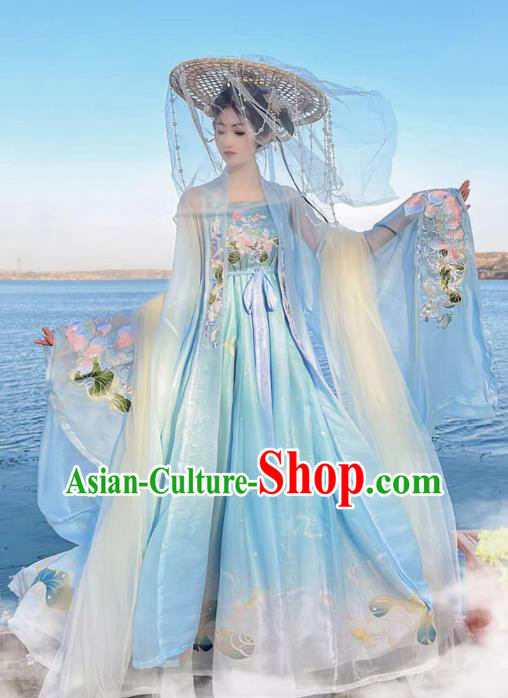China Tang Dynasty Young Woman Clothing Traditional Hanfu Blue Hezi Dress Ancient Goddess Costumes