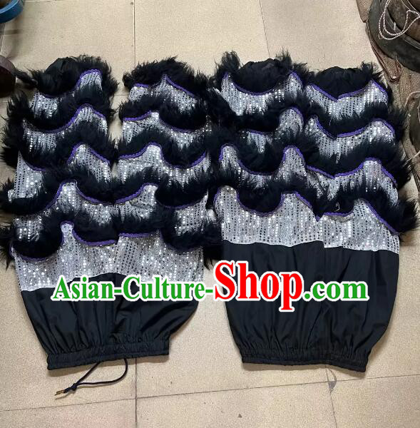 2 Pairs Lion Dance Pants Adult Size Silver Sequins Trousers with Black Fur Handmade World Lion Dance Competition Costumes