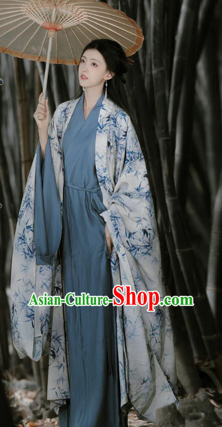 China Traditional Hanfu Printing Bamboo Clothing Ancient Young Woman Costume Jin Dynasty Female Swordsman Dresses