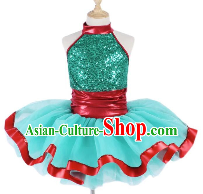 Children Sequin Gauze Skirt Suspender Tutu Skirt Ballet Dance Skirt Green Stage Costume Performance Costume