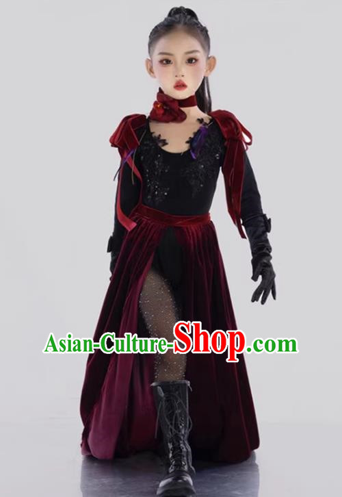 Girls Model Competition Tide Suit Long Tail Catwalk Dress Wine Red T Stage Dress Suit