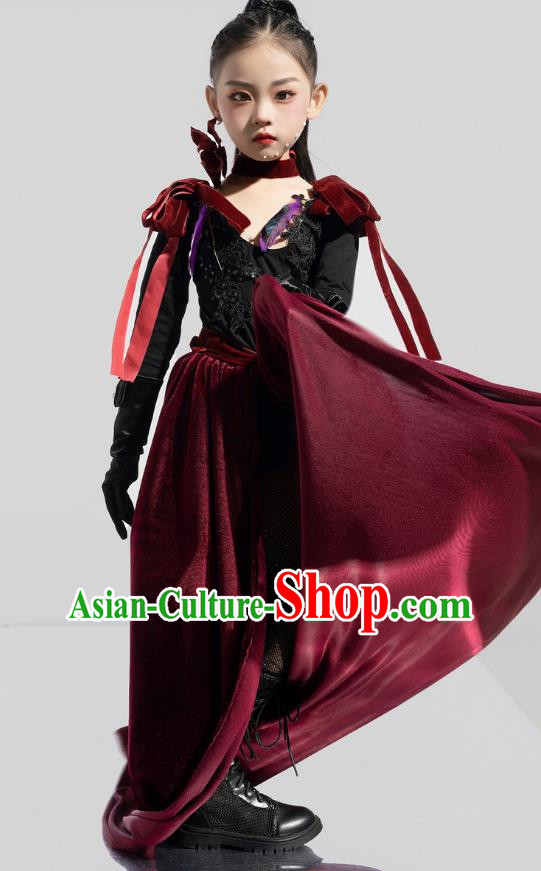 Girls Model Competition Tide Suit Long Tail Catwalk Dress Wine Red T Stage Dress Suit