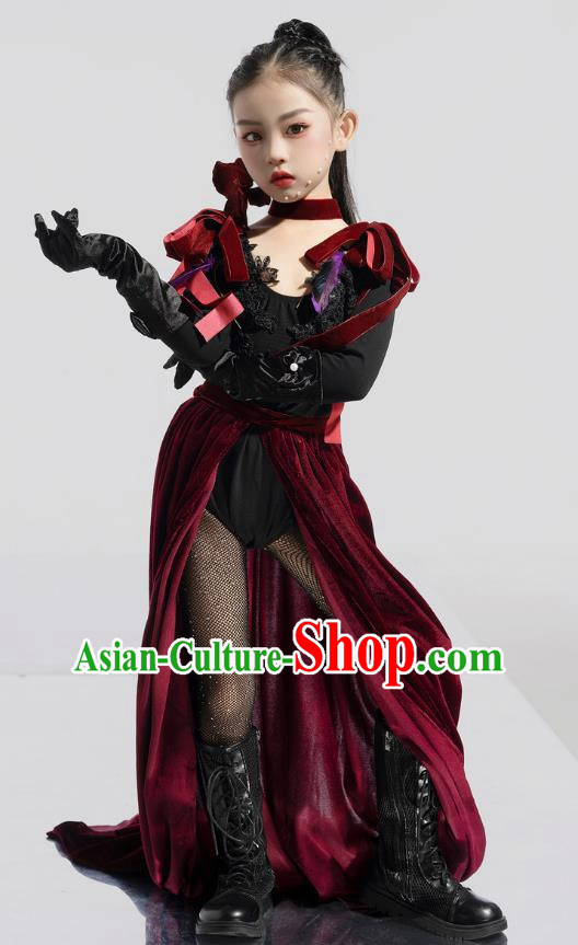 Girls Model Competition Tide Suit Long Tail Catwalk Dress Wine Red T Stage Dress Suit