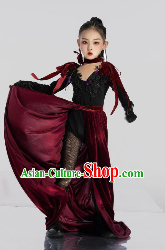 Girls Model Competition Tide Suit Long Tail Catwalk Dress Wine Red T Stage Dress Suit
