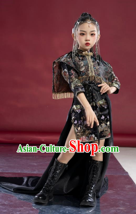 Girls Model National Trend Trailing Cheongsam Children Chinese Style T Stage Catwalk Dress Guqin Test Grade Performance Clothing