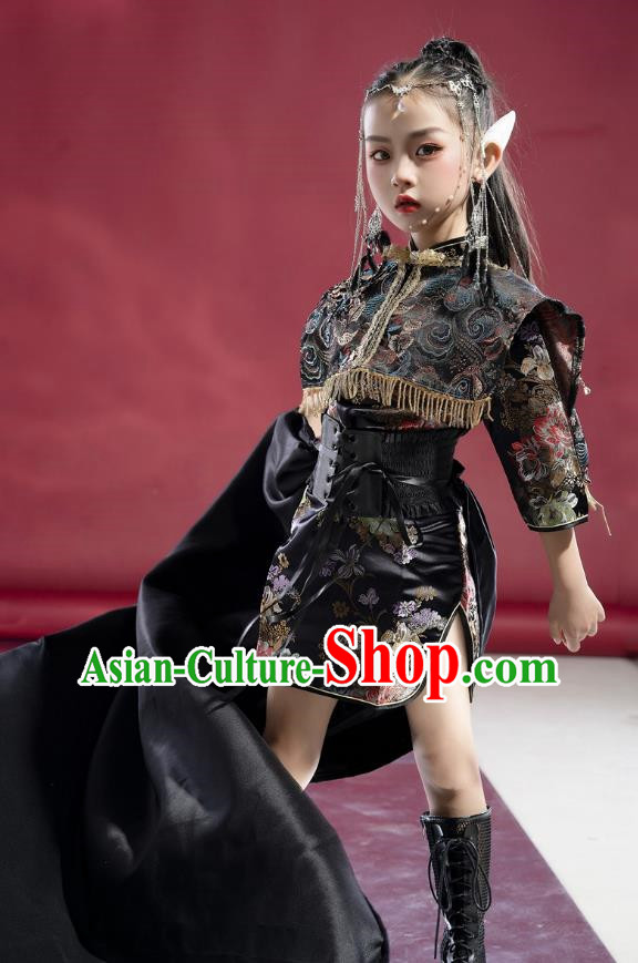 Girls Model National Trend Trailing Cheongsam Children Chinese Style T Stage Catwalk Dress Guqin Test Grade Performance Clothing