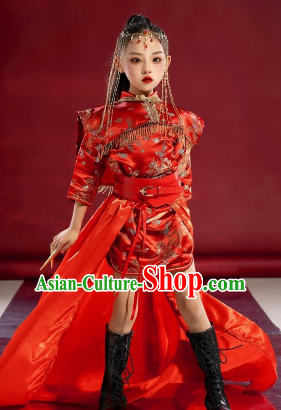Girls Cheongsam Chinese Trend Clothing National Tide Catwalk Dress Skirt Suit Red Model Costumes Children Republic Of China Style